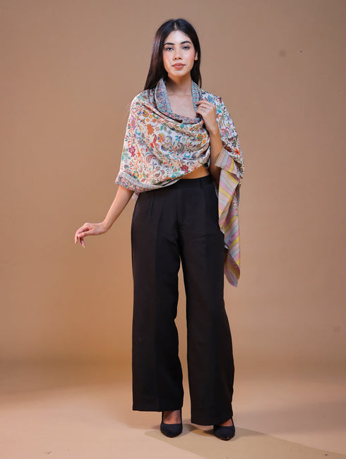Women's Pure Wool Faux Pashmina Kalamkari Printed Embroidery Stole